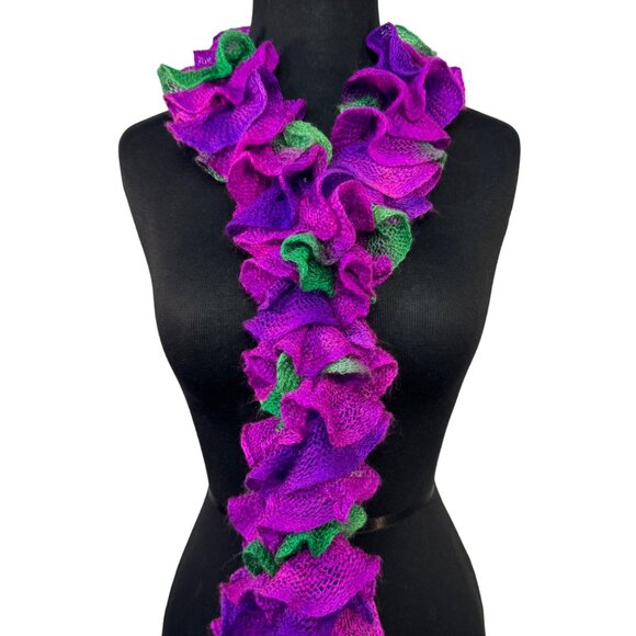 Hand-Knitted Ruffle Scarf In Vibrant Purple & Green - Picture 2 of 4